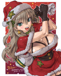 Rule 34 | 1girl, amania orz, bell, bell earrings, black gloves, breasts, cleavage, copyright request, cowboy shot, dated, dress, earrings, gloves, grey hair, hair between eyes, hat, highres, holding, holding sack, jewelry, large breasts, long hair, merry christmas, red dress, sack, santa costume, santa dress, santa hat, shadow, solo, star (symbol), twitter username