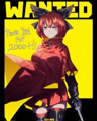 Rule 34 | 1girl, black bow, black gloves, black thighhighs, bow, breasts, cloak, closed mouth, commentary, corporalblake, cowboy shot, english commentary, english text, gloves, gun, hair bow, highres, holding, holding gun, holding weapon, long sleeves, looking at viewer, medium breasts, milestone celebration, red eyes, red hair, red skirt, sekibanki, signature, skirt, solo, thighhighs, touhou, wanted, weapon