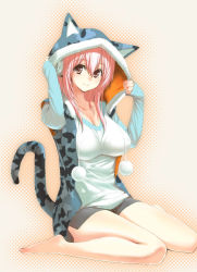 Rule 34 | 1girl, animal hood, bad id, bad pixiv id, bare legs, barefoot, blush, breasts, cat hood, collarbone, gen (black factory), headphones, hood, impossible clothes, impossible shirt, large breasts, miniskirt, nitroplus, pink eyes, pink hair, shirt, sitting, skirt, smile, solo, super sonico, tail, wariza