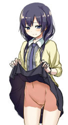Rule 34 | 10s, 1girl, blush, clothes lift, lifting own clothes, long hair, low twintails, navel, necktie, no panties, purple eyes, purple hair, pussy, school uniform, shirobako, skirt, skirt lift, solo, taturouxs, twintails, uncensored, yasuhara ema
