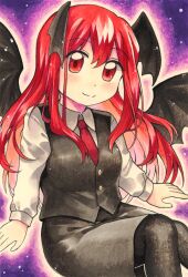 Rule 34 | 1girl, arm support, bat wings, black skirt, black vest, blush, closed mouth, feet out of frame, hair between eyes, head wings, highres, knees together feet apart, koakuma, light blush, light smile, long sleeves, maa (forsythia1729), necktie, outer glow, pantyhose, purple background, red eyes, red hair, red necktie, simple background, sitting, skirt, skirt set, solo, touhou, vest, wing collar, wings