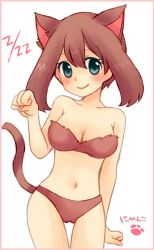 Rule 34 | 1girl, animal ears, bikini, blue eyes, blush, breasts, brown hair, cat, cat ears, cat girl, cat tail, cleavage, collarbone, creatures (company), game freak, hagino aki, long hair, looking to the side, may (pokemon), medium breasts, midriff, navel, nintendo, paw pose, pokemon, smile, swimsuit, tail, white background