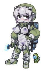 Rule 34 | 1girl, :d, alien, black eyes, bodysuit, boots, breasts, cleft of venus, colored nipples, colored skin, contrapposto, creature and personification, detached sleeves, full body, gloves, green gloves, green sleeves, grey hair, grey skin, hand on own hip, heart, heart-shaped pupils, holding, holding wrench, large breasts, long sleeves, martian engineer, no nose, nyong nyong, open mouth, personification, purple nipples, purple pussy, pussy, short hair, simple background, smile, solo, standing, symbol-shaped pupils, terraria, thigh boots, torn bodysuit, torn clothes, uncensored, white background, wrench