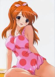Rule 34 | 00s, 1girl, alternate hairstyle, arm support, asahina mikuru, bare arms, bare shoulders, breasts, brown eyes, brown hair, cameltoe, casual one-piece swimsuit, cleavage, contrapposto, dress, feet out of frame, female focus, frilled swimsuit, frills, hair ribbon, head tilt, large breasts, long hair, looking at viewer, matching hair/eyes, one-piece swimsuit, open mouth, orange eyes, orange hair, panties, panty peek, pink dress, polka dot, polka dot dress, polka dot swimsuit, ponytail, ribbon, scan, simple background, sitting, smile, solo, suzumiya haruhi no yuuutsu, swimsuit, tareme, tim tim machine, underwear, white background