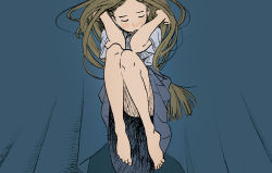 Rule 34 | 1girl, bare legs, barefoot, blue background, blue shirt, blush, brown hair, closed mouth, commentary request, closed eyes, full body, grey skirt, hands in hair, hands up, highres, long hair, original, pleated skirt, school uniform, shiki haru, shirt, short sleeves, simple background, skirt, solo, upskirt