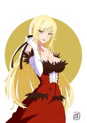 Rule 34 | 1girl, bakemonogatari, bare shoulders, blonde hair, breasts, cleavage, dress, elbow gloves, gloves, kiss-shot acerola-orion heart-under-blade, large breasts, long hair, monogatari (series), oshino shinobu, red dress, yellow eyes