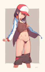 Rule 34 | 1boy, alternate hairstyle, androgynous, arm at side, artist name, ash ketchum, baseball cap, black hair, black jacket, black panties, black shirt, black shorts, blush, brown background, clothes pull, creatures (company), cropped legs, fang, game freak, gujianshaonu, hat, highres, jacket, long hair, long sleeves, looking down, male focus, navel, nintendo, open clothes, open jacket, open mouth, panties, pokemon, pokemon (anime), pokemon the movie: the power of us, red eyes, red hat, shirt, shirt tug, shorts, shorts pull, skindentation, solo, standing, stomach, tareme, thighs, thong, track jacket, trap, two-tone background, underwear