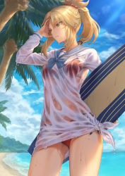 Rule 34 | 1girl, beach, bikini, blonde hair, blouse, blue sky, braid, breasts, cloud, commentary request, day, fate/grand order, fate (series), green eyes, hair ornament, hair scrunchie, hand up, highres, holding, holding behind back, holding surfboard, long hair, long sleeves, looking afar, mashuu (neko no oyashiro), medium breasts, mordred (fate), mordred (fate) (all), mordred (fate/apocrypha), mordred (swimsuit rider) (fate), mordred (swimsuit rider) (second ascension) (fate), ocean, orange scrunchie, outdoors, palm tree, parted lips, ponytail, red bikini, sailor collar, sand, scrunchie, shirt, signature, sky, solo, surfboard, swimsuit, thighs, tree, twitter username, wet, wet clothes, wet shirt, white shirt