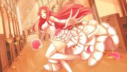 Rule 34 | 1girl, bare shoulders, blush, bouquet, bride, church, cross, dress, elbow gloves, flower, gloves, hair ribbon, highres, katarina (league of legends), league of legends, long hair, looking at viewer, petals, pudding-neaw, reaching, reaching towards viewer, red flower, red hair, red rose, ribbon, rose, rose petals, running, scar, scar across eye, scar on face, smile, solo, wedding dress, white legwear, yellow eyes