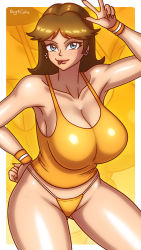 Rule 34 | 1girl, :p, arm up, armpits, beg4cake, blue eyes, breasts, brown hair, cleavage, curvy, earrings, hand on own hip, highres, jewelry, large breasts, legs, looking at viewer, mario (series), midriff, nintendo, princess, princess daisy, short hair, smile, super mario land, tank top, thick thighs, thighhighs, thighs, thong, tongue, tongue out, v