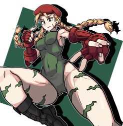Rule 34 | 1girl, abs, absurdres, ahoge, armpits, beret, black footwear, blonde hair, blue eyes, bodypaint, boots, braid, cammy white, covered navel, dinoyhs, fighting stance, fingerless gloves, gloves, green leotard, hat, highres, knee boots, leotard, long hair, muscular, muscular female, red beret, red gloves, red headwear, scar, scar on face, shadow, simple background, street fighter, toned, twintails, two-tone background