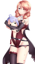 Rule 34 | 1girl, ahoge, armpits, ascot, asymmetrical legwear, bare shoulders, belt, belt skirt, black cape, black eyes, black gloves, blood, blood on face, blush, bodysuit, breasts, cape, cleavage, cleavage cutout, closed mouth, clothing cutout, cowboy shot, disembodied head, drill hair, elbow gloves, eyes visible through hair, fingernails, from side, gloves, groin, hair between eyes, hair over shoulder, heterochromia, highleg, highleg leotard, highres, holding, holding head, holding own arm, lace, large breasts, legs together, leotard, light purple hair, long fingernails, long hair, looking at viewer, lowleg, multiple belts, navel, neit ni sei, orange eyes, orange hair, original, over-kneehighs, panties, pink eyes, pointy ears, pouch, purple eyes, raised eyebrows, red leotard, red ribbon, ribbon, sad, short hair, simple background, single elbow glove, single over-kneehigh, single thighhigh, sleeveless, slit pupils, standing, tattoo, tears, thighhighs, thighs, torn cape, torn clothes, twin drills, underwear, uneven legwear, unzipped, white background, wristband, yandere, yellow eyes, zipper, zipper pull tab