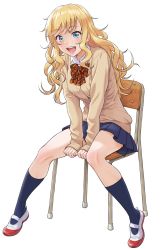 Rule 34 | 1girl, :d, between legs, blonde hair, blue eyes, blue skirt, blue socks, blush, bow, bowtie, breasts, brown jacket, buttons, chair, earrings, full body, hand between legs, highres, idolmaster, idolmaster cinderella girls, jacket, jewelry, kneehighs, lips, long sleeves, looking at viewer, medium breasts, miniskirt, nigou, ohtsuki yui, open mouth, plaid, plaid bow, plaid bowtie, plaid neckwear, pleated skirt, red bow, red bowtie, round teeth, school chair, school uniform, shoes, simple background, sitting, skirt, sleeves past wrists, smile, socks, solo, stud earrings, teeth, uwabaki, wavy hair, white background, white footwear