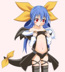 Rule 34 | 1girl, aged down, asymmetrical wings, bare shoulders, black panties, blue hair, blush stickers, center opening, detached sleeves, dizzy (guilty gear), flat chest, guilty gear, hair ribbon, hair rings, kneehighs, long hair, panties, poncocchan, red eyes, ribbon, shoulder pads, showgirl skirt, socks, solo, tail, tail ornament, tail ribbon, thigh strap, underwear, wings
