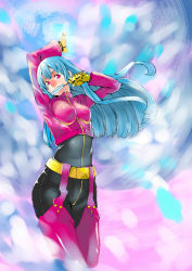 Rule 34 | 1girl, blue hair, breasts, candy, chaps, cropped jacket, food, gloves, impossible clothes, kula diamond, lollipop, long hair, pants, red eyes, snk, solo, the king of fighters, unizama