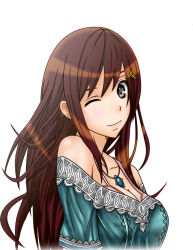 Rule 34 | 1girl, atelier (series), atelier totori, black eyes, breasts, brown hair, cecilia helmold, cleavage, collarbone, female focus, hair ornament, jewelry, k2 (hibiki09), long hair, looking at viewer, medium breasts, necklace, one eye closed, simple background, smile, solo, upper body, white background