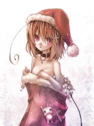 Rule 34 | 1girl, :3, :o, bare shoulders, blush, breasts, brown hair, cat, collar, cross, cross necklace, fur trim, hat, jewelry, kuroya kei, necklace, original, pink eyes, sack, santa hat, short hair, simple background, solid circle eyes, solo, undressing, white background