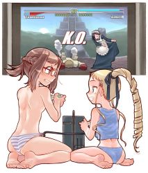 Rule 34 | 2girls, ass, bad id, bad pixiv id, barefoot, console, drill hair, feet, fighting game, game console, glasses, multiple girls, nakamura tetsuya, panties, playing, playing games, sitting, striped clothes, striped panties, topfreedom, topless, underwear, video game, x68000