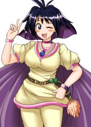 Rule 34 | 1girl, absurdres, amelia wil tesla seyruun, belt, black hair, blush, breasts, cape, hand up, hexagram, highres, jewelry, medium breasts, multicolored hair, nanoder, one eye closed, open mouth, pants, purple hair, shirt, short hair, simple background, skirt, slayers, smile, solo, two-tone hair, v, white background, wristband, yellow cape, yellow pants, yellow shirt