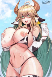 Rule 34 | 1girl, absurdres, ahoge, animal ears, animal print, artist name, bell, bikini, blonde hair, blush, breasts, carcass (artist), choker, colored inner hair, cow ears, cow girl, cow horns, cow print, cowbell, day, ear tag, elf, elven forest maker, glass, green hair, hair between eyes, heart, heart-shaped pupils, highres, horns, huge breasts, lactation, last origin, long hair, looking at viewer, milk, multicolored hair, navel, neck bell, nipple slip, nipples, open mouth, outdoors, pointy ears, sky, smile, solo, swimsuit, symbol-shaped pupils, thighhighs, very long hair, wide hips