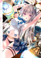 Rule 34 | 1girl, :o, absurdres, animal ears, armlet, armpits, arms up, bad id, bad yandere id, bare shoulders, black panties, black skirt, blurry, bow, bowtie, breasts, cat ears, crop top, depth of field, grey hair, highres, kino (kino konomi), lantern, large breasts, long hair, looking at viewer, miniskirt, navel, open mouth, original, panties, red eyes, revealing clothes, shirt, showgirl skirt, sideboob, skirt, sleeveless, sleeveless shirt, solo, stomach, string panties, thigh strap, thighs, underwear, white shirt