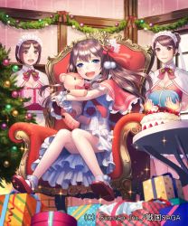 Rule 34 | 3girls, :d, blue eyes, bow, box, breasts, brown eyes, brown hair, cake, candle, capelet, chair, christmas tree, dress, esukee, food, gift, gift wrapping, hair bow, hair ornament, holding, holding stuffed toy, indoors, long hair, looking at viewer, maid, medium breasts, multiple girls, official art, open mouth, parted bangs, red bow, red capelet, red footwear, sengoku saga, sitting, smile, socks, standing, stuffed animal, stuffed toy, table, teddy bear, watermark, white legwear