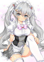 Rule 34 | 1girl, bad id, bad pixiv id, blush, breasts, emily (pure dream), gradient background, grey eyes, grey hair, looking at viewer, maid headdress, medium breasts, original, puffy short sleeves, puffy sleeves, short sleeves, simple background, sitting, smile, solo, twintails