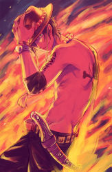 Rule 34 | 1boy, back tattoo, backpiece, bad id, bad pixiv id, bangle, beads, belt, bracelet, fiery background, fire, freckles, hand on headwear, hat, hat over one eye, jewelry, jolly roger, knife, kyuugou (ninekoks), log pose, male focus, necklace, one piece, orange theme, pirate, portgas d. ace, sheath, sheathed, solo, stampede string, tattoo, topless male