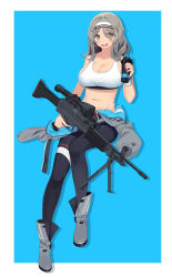 Rule 34 | 1girl, absurdres, bipod, black pants, blue background, boots, bottle, breasts, cleavage, clothes around waist, daewoo k3, dlarudgml21, full body, girls&#039; frontline, grey eyes, grey jacket, gun, headband, highres, holding, holding bottle, jacket, jacket around waist, k3 (girls&#039; frontline), large breasts, machine gun, midriff, navel, open mouth, pants, scope, smile, sports bra, teeth, two-tone background, upper teeth only, weapon, white background