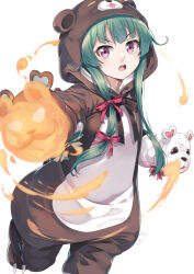 Rule 34 | 1girl, animal costume, animal ears, animal hood, bear costume, bear ears, bear hood, black bow, bow, commentary request, fake animal ears, green hair, hair bow, hand puppet, hood, hood up, kuma kuma kuma bear, long hair, looking at viewer, miri (ago550421), open mouth, puppet, purple eyes, red bow, simple background, solo, standing, standing on one leg, v-shaped eyebrows, very long hair, white background, yuna (kuma kuma kuma bear)