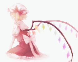 Rule 34 | 1girl, ankle socks, bad id, bad pixiv id, blonde hair, bow, flandre scarlet, from behind, hat, hat ribbon, mob cap, no shoes, pale color, ribbon, short hair, short sleeves, side ponytail, simple background, sitting, skirt, skirt set, socks, solo, touhou, wariza, white background, wings, zuko (okuz)