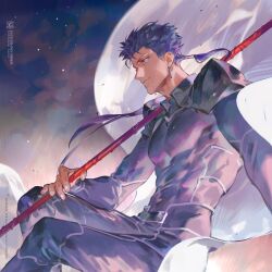 Rule 34 | 1boy, blue bodysuit, blue hair, bodysuit, cu chulainn (fate), cu chulainn (fate/stay night), earrings, fate/grand order, fate/stay night, fate (series), gae bolg (fate), highres, jewelry, kalak 39, light smile, long hair, looking to the side, male focus, night, polearm, ponytail, red eyes, sitting, sky, solo, spear, weapon