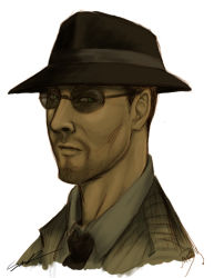 Rule 34 | ayleid, chocolate-chibi, fallout (series), fallout 3, hat, male focus, mr burke, necktie, solo, sunglasses