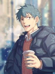 Rule 34 | 1boy, :d, absurdres, black jacket, blue hair, blurry, blurry background, breath, brown eyes, brown sweater, collared shirt, cup, disposable cup, down jacket, fate/grand order, fate (series), highres, holding, holding cup, jacket, looking at viewer, male focus, open collar, open mouth, saitou hajime (dream portrait) (fate), saitou hajime (fate), shirt, short hair, smile, snowing, solo, spiked hair, sweater, teeth, twitter username, upper body, white shirt, yaekaidou