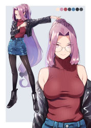 Rule 34 | 1girl, alternate costume, ankle boots, bare shoulders, black footwear, black jacket, black pantyhose, blue skirt, boots, border, braid, breasts, closed mouth, color guide, contemporary, denim, denim skirt, doushimasho, fate/stay night, fate (series), forehead, french braid, full body, glasses, grey background, high heel boots, high heels, highres, jacket, large breasts, long hair, long sleeves, looking at viewer, medium breasts, medusa (fate), medusa (rider) (fate), multiple views, nail polish, off shoulder, open clothes, open jacket, pantyhose, parted bangs, ponytail, purple eyes, purple hair, red sweater, ribbed sweater, simple background, skirt, sleeveless, sleeveless turtleneck, sweater, turtleneck, very long hair, wedge heels, white border
