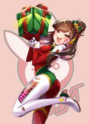 Rule 34 | 1girl, :d, animal print, armor, ass, bad id, bad pixiv id, bodysuit, breasts, brown eyes, brown hair, christmas, christmas ornaments, d.va (overwatch), facepaint, facial mark, from side, gift, gloves, glowing, hana shiori, happy, headphones, high collar, highres, holding, holding gift, legs, logo, long hair, looking at viewer, matching hair/eyes, open mouth, overwatch, overwatch 1, pauldrons, pilot suit, pink background, rabbit, rabbit print, shoulder armor, shoulder pads, simple background, skin tight, small breasts, smile, solo, swept bangs, teeth, thighs, whisker markings