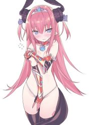Rule 34 | 1girl, armor, bikini, bikini armor, black thighhighs, blade (galaxist), blue eyes, blush, breasts, choker, closed mouth, commentary request, curled horns, dragon girl, dragon horns, dragon tail, elizabeth bathory (brave) (fate), elizabeth bathory (fate), fate/grand order, fate (series), flying sweatdrops, groin, hair between eyes, hair ribbon, horns, long hair, oversized clothes, pink hair, pointy ears, purple ribbon, red bikini, red choker, ribbon, simple background, small breasts, solo, string bikini, sweat, swimsuit, tail, thighhighs, tiara, two side up, vambraces, very long hair, wavy mouth, white background