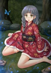 Rule 34 | 1girl, animal, barefoot, braid, brown eyes, brown footwear, bug, butterfly, commission, fingernails, floral print, geta, grass, grey hair, hair over shoulder, highres, insect, japanese clothes, kazenokaze, kimono, long hair, long sleeves, looking at viewer, night, obi, on grass, open mouth, original, outdoors, print kimono, red kimono, sash, sitting, sleeves past wrists, solo, wariza, wide sleeves