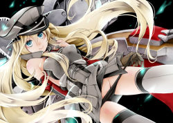 Rule 34 | 10s, 1girl, akatsuki hijiri, armband, armor, bare shoulders, bismarck (kancolle), black background, black panties, blonde hair, blue eyes, breastplate, breasts, brown gloves, cannon, choker, covered erect nipples, cowboy shot, detached sleeves, dutch angle, gloves, groin, hair between eyes, hat, kantai collection, large breasts, long hair, looking at viewer, machinery, military, military hat, military uniform, panties, panty pull, pantyshot, personification, pocket, shiny clothes, shiny skin, simple background, smile, solo, standing, thighhighs, underwear, uniform, very long hair, weapon