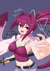 Rule 34 | 1girl, breasts, cleavage, hair ribbon, large breasts, long hair, midriff, nalia, open mouth, pants, ponytail, purple eyes, purple hair, ribbon, sleeveless, smile, solo, sword, unbuttoned, under night in-birth, unzipped, weapon, yuzuriha (under night in-birth)