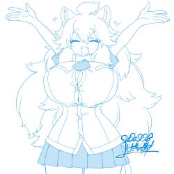 Rule 34 | +++, 1girl, ^ ^, animal ears, bare arms, big hair, blue theme, breasts, center opening, cleavage, closed eyes, commentary, commentary request, cowboy shot, dated, detached sleeves, facing viewer, fangs, fur collar, hair between eyes, happy, huge breasts, impossible clothes, impossible shirt, kemono friends, lion ears, long hair, microskirt, monochrome, monster girl, necktie, open mouth, outstretched arms, outstretched hand, partial commentary, pleated skirt, shirt, short sleeves, signature, skirt, smile, solo, white lion (kemono friends), yoshida hideyuki