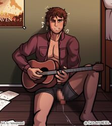 Rule 34 | 1boy, absurdres, against wall, bara, beard stubble, blush, boxers, brown hair, censored, chest hair, come hither, cum, ejaculation, facial hair, feet out of frame, grey male underwear, guitar, highres, holding, holding guitar, holding instrument, instrument, looking at viewer, male focus, male underwear, mature male, mosaic censoring, music, musical note, mustache stubble, no pants, one eye closed, open clothes, open shirt, paid reward available, pectoral cleavage, pectorals, penis, playing instrument, scott pilgrim (series), seductive smile, short hair, sitting, smile, solo, soupyeel, spread legs, stephen stills, stubble, thick eyebrows, underwear