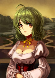 Rule 34 | 1girl, absurdres, ahoge, alternate costume, blush, breasts, cleavage, closed mouth, collarbone, corset, cross-laced clothes, fine art parody, frilled sleeves, frills, green hair, highres, juliet sleeves, kazami yuuka, koissa, long sleeves, looking at viewer, mona lisa, neck ribbon, own hands together, parody, puffy sleeves, red eyes, ribbon, short hair, solo, touhou, underbust, upper body, yellow ribbon
