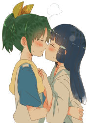Rule 34 | 10s, 2girls, aoki reika, bad id, bad pixiv id, blue hair, blush, closed eyes, couple, embarrassed, green hair, hagino makoto, hands on another&#039;s chest, hug, imminent kiss, japanese clothes, midorikawa nao, multiple girls, ponytail, precure, simple background, smile precure!, soccer uniform, sportswear, sweat, white background, yuri