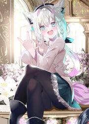 Rule 34 | 1girl, absurdres, ahoge, animal ear fluff, animal ears, black pantyhose, blush, braid, commentary request, crossed legs, double fox shadow puppet, earrings, fox ears, fox girl, fox shadow puppet, fox tail, green eyes, green skirt, hair between eyes, highres, hololive, indoors, jewelry, long hair, looking at viewer, open mouth, pantyhose, pentagram, shirakami fubuki, shirakami fubuki (street), shirt, sho (runatic moon), sidelocks, single braid, sitting, skirt, solo, tail, virtual youtuber, white hair, white shirt