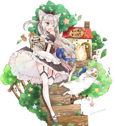 Rule 34 | 1girl, animal ears, azur lane, bag, bare shoulders, black bow, black dress, blue bow, blue eyes, bow, cat, cat ears, commentary request, dress, fang, food, grey footwear, hair bow, hair ribbon, hammann (azur lane), long hair, mito (go!go!king!), one eye closed, open mouth, puffy short sleeves, puffy sleeves, red ribbon, remodel (azur lane), ribbon, shoes, short sleeves, silver hair, solo, standing, standing on one leg, star (symbol), taiyaki, thighhighs, twitter username, very long hair, wagashi, white background, white thighhighs