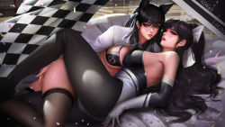 Rule 34 | 2girls, alternate costume, animal ears, ass, atago (azur lane), atago (stunning speedster) (azur lane), azur lane, bare shoulders, bikini, bikini top only, black hair, black legwear, blush, bow, breast press, breasts, brown eyes, brown legwear, butt crack, character name, checkered flag, cloud, commentary, covered navel, cropped jacket, elbow gloves, extra ears, fingerless gloves, flag, gendo0032, gloves, hair between eyes, hair bow, hair flaps, hair ribbon, half-closed eyes, highres, large breasts, leotard, light rays, long hair, looking at viewer, looking back, lying, mole, mole under eye, multiple girls, on back, open mouth, pantyhose, parted lips, ponytail, race queen, realistic, ribbon, shrug (clothing), sidelocks, skindentation, swept bangs, swimsuit, symmetrical docking, takao (azur lane), takao (full throttle charmer) (azur lane), thighhighs, thighs, turewindwalker, two-tone bikini, very long hair, white bow, white ribbon, wrist cuffs