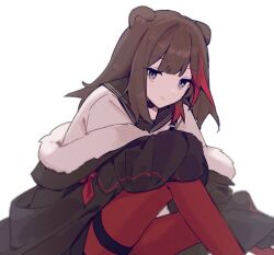 Rule 34 | 1girl, animal ear fluff, animal ears, arknights, bear ears, black jacket, black sailor collar, brown hair, closed mouth, commentary request, feet out of frame, fur-trimmed jacket, fur trim, grey hair, jacket, long hair, long sleeves, looking at viewer, multicolored hair, odjikasu, one-hour drawing challenge, pantyhose, puffy long sleeves, puffy sleeves, red hair, red pantyhose, sailor collar, shirt, simple background, sitting, smile, solo, streaked hair, thigh strap, white background, white shirt, zima (arknights)