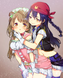 Rule 34 | 10s, 2girls, bandana, blue hair, blush, braid, brown hair, cowboy shot, dancing stars on me!, female focus, gloves, hand on another&#039;s cheek, hand on another&#039;s face, hands on thighs, looking at another, love live!, love live! school idol project, minami kotori, mofun, multiple girls, navel, orange eyes, skirt, smile, sonoda umi, white gloves, yellow eyes, yuri