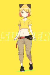 Rule 34 | 1girl, absurdres, bad id, bad twitter id, bag, black footwear, blonde girl (cloba), blonde hair, breasts, brown pants, choker, cloba, collarbone, commentary request, crop top, crop top overhang, highres, inactive account, looking at viewer, midriff, navel, orange eyes, original, pants, parted lips, shirt, shoes, short hair, short sleeves, small breasts, sneakers, solo, standing, tomboy, watch, wristwatch, yellow background, yellow shirt